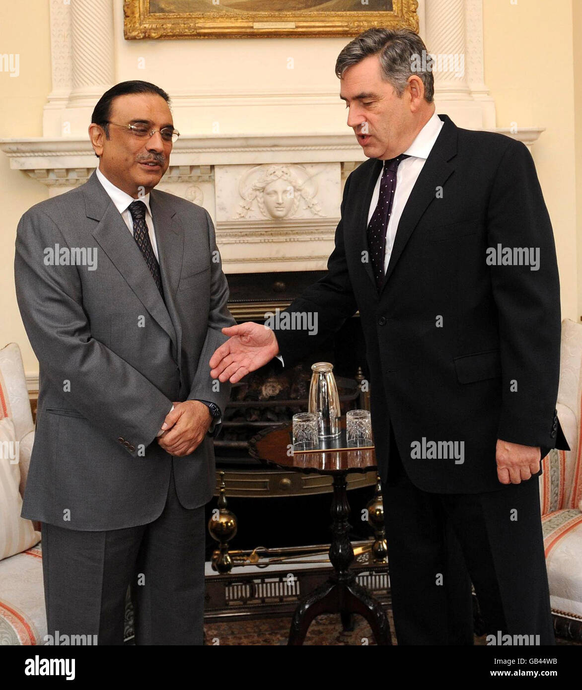 Pakistan President Asif Ali Zardari with British Prime Minister Gordon Brown inside 10 Downing Street, London, where they met for talks. Stock Photo