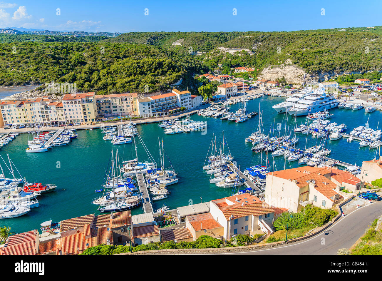 BONIFACIO PORT, CORSICA ISLAND - JUN 24, 2015: View of Bonifacio port with colorful houses and boats, Corsica island, France. Stock Photo