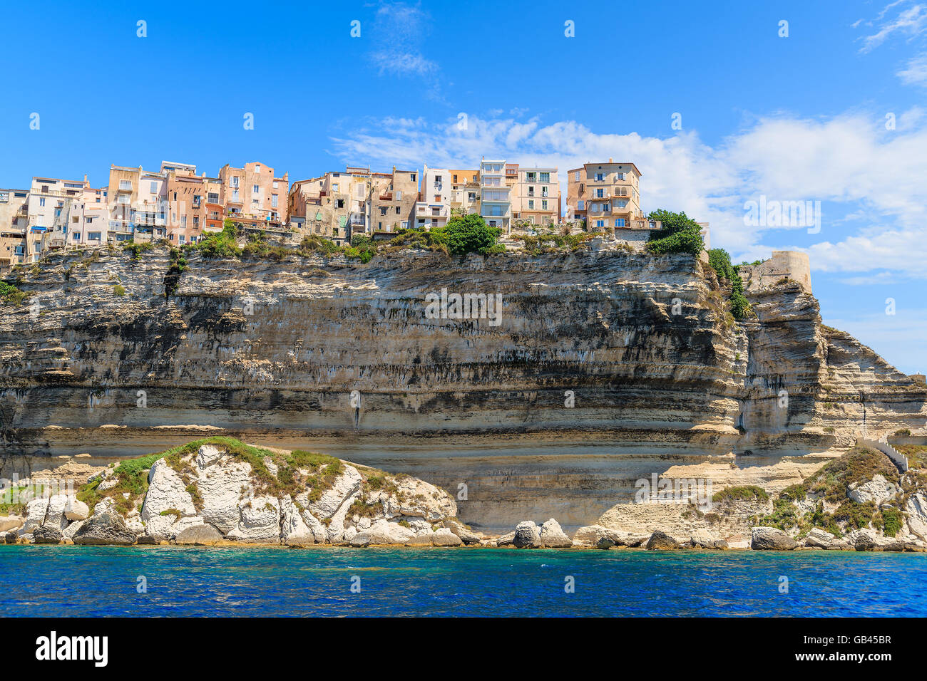 Colourful houses of Bonifacio old town built on top of a cliff, Corsica island, France Stock Photo