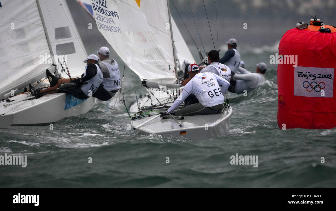 Star crews head upwind during the final round of their Beijing Olympic competition off Qingdao, China Stock Photo