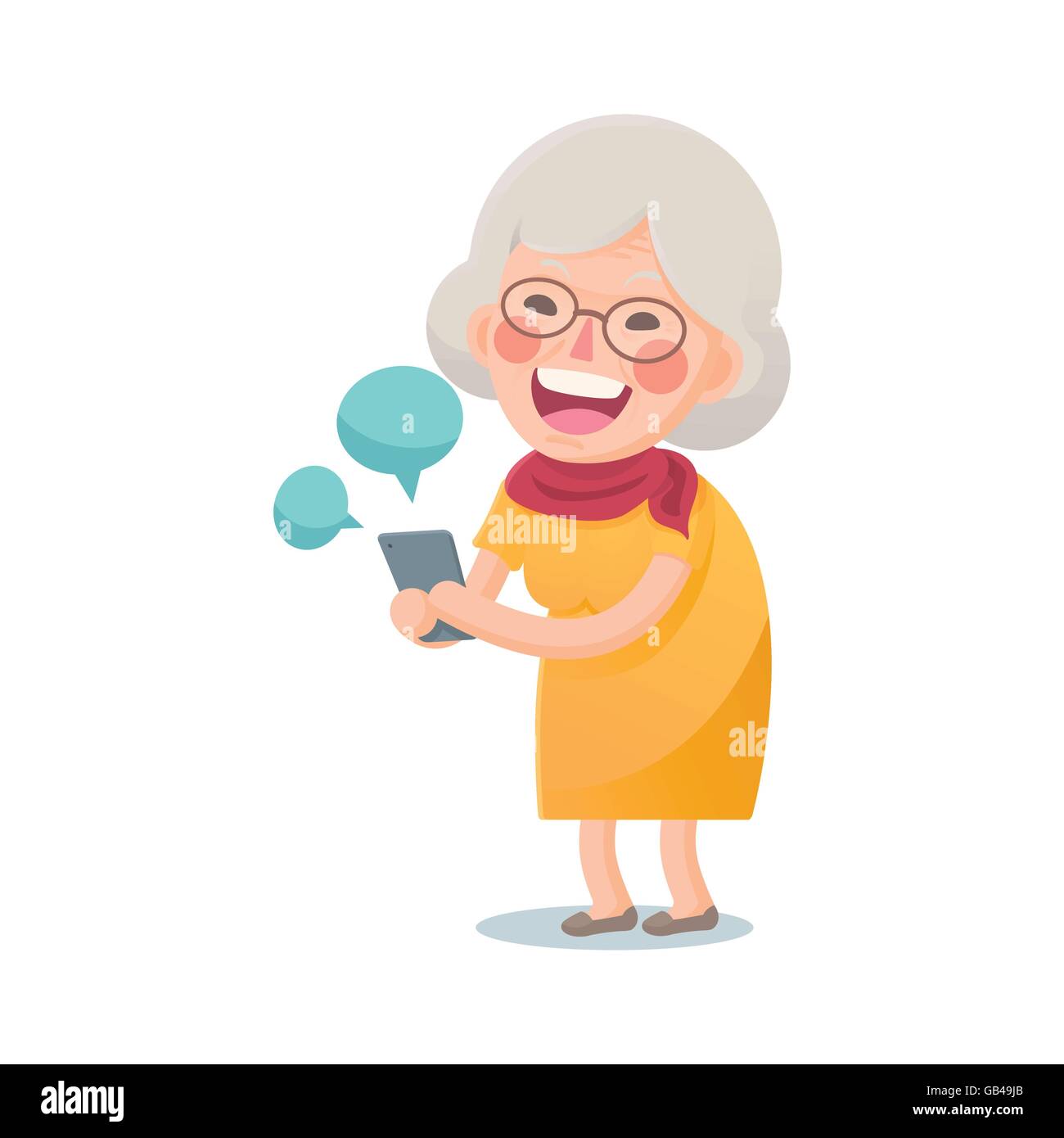 Vector Illustration of Happy Grandma Using Smart phone Isolated  on White Background, Cute Cartoon Character Stock Vector