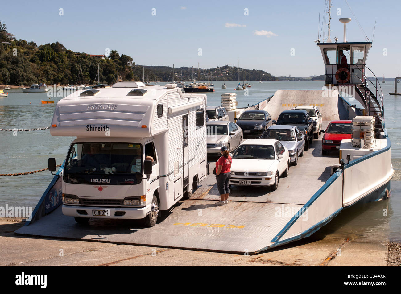 Opua to Russell Car Ferry at Opua unloading Camper Vans and cars Stock