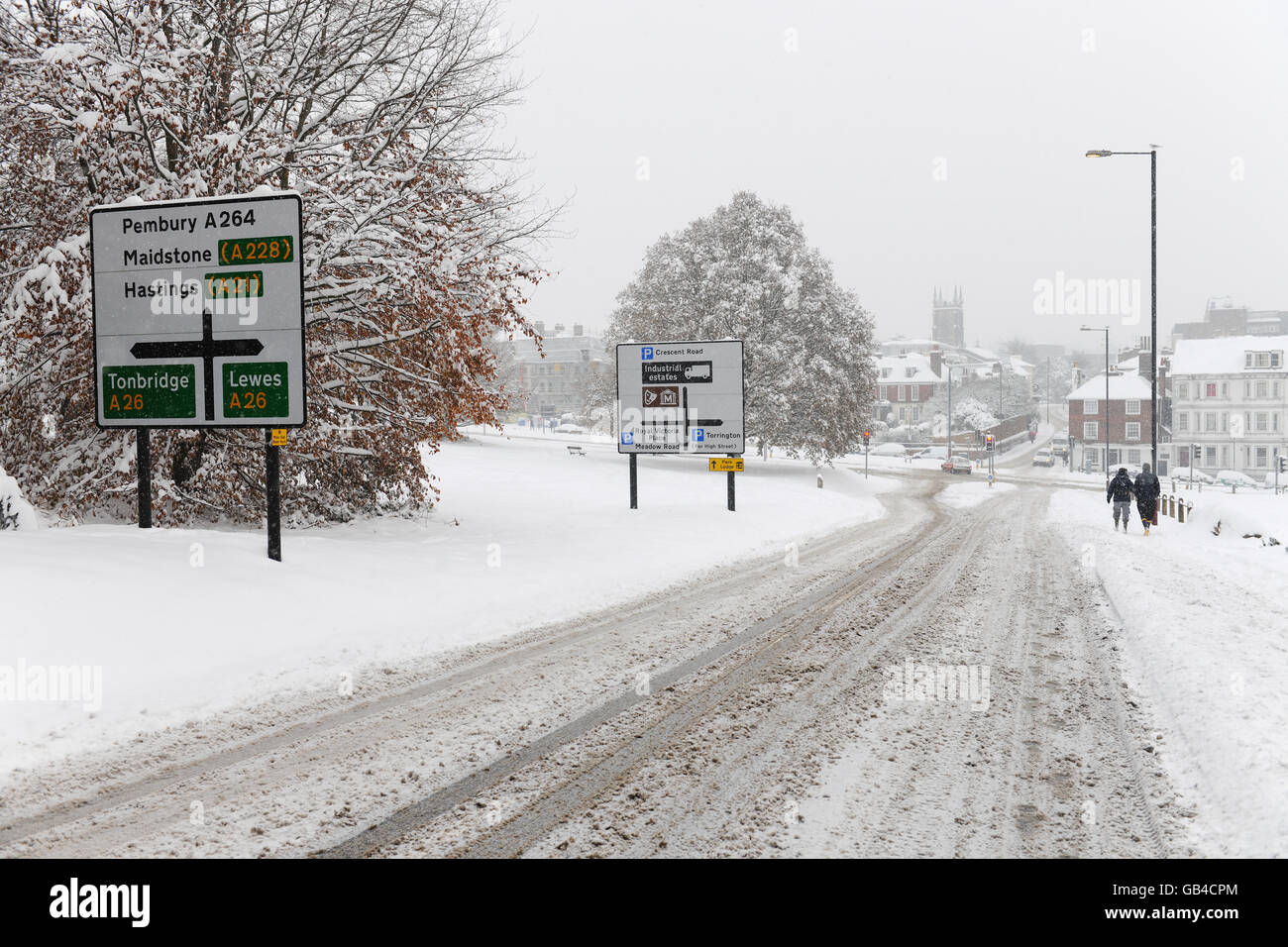 Tunbridge Wells, Kent, UK traffic sign posts on a snowy street Stock Photo