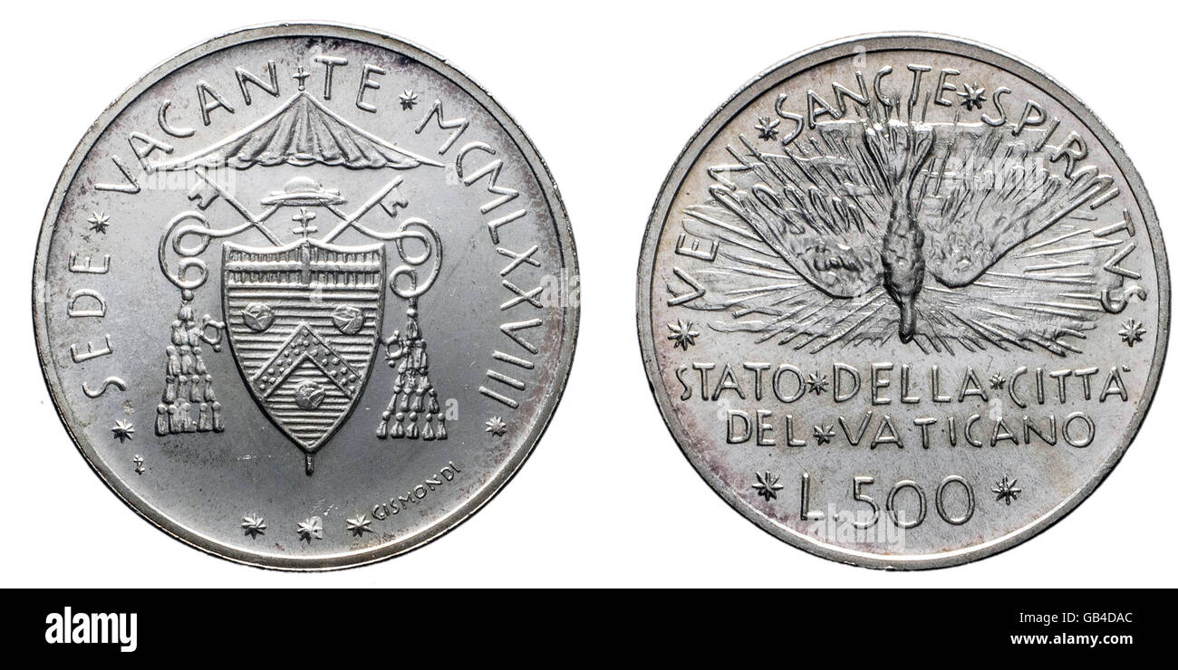 Papal Vacant see 1978 silver coin uncircoled isolated on white, front with Veni sancte spiritus Stock Photo
