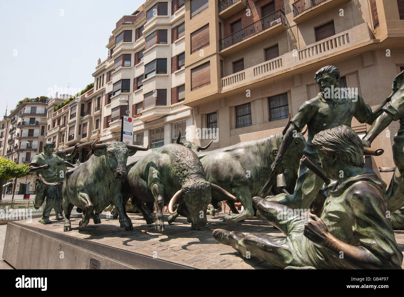 Running of bulls through streets of Pamplona,Spain. Stock Photo
