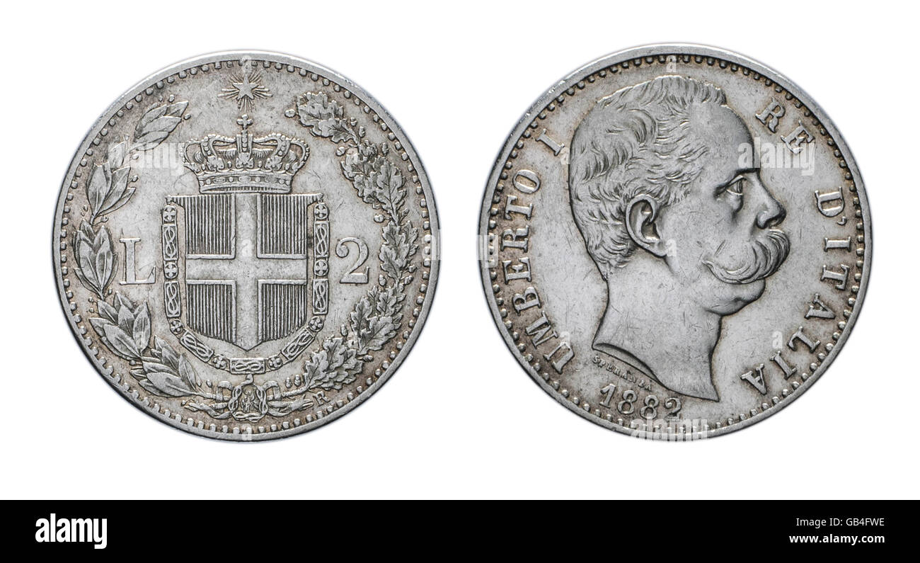 Two Lire Silver Coin 1882 Umberto I Kingdom of Italy isolated on white, Umberto I profile Mint of rome Stock Photo