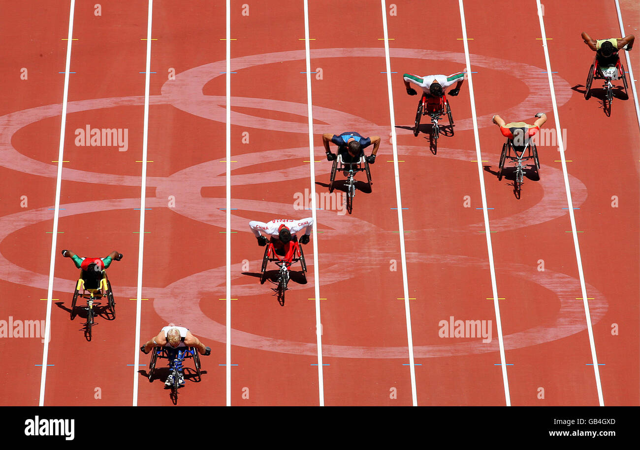 General view of the men's 200 M Semi-Final T54 at the National Stadium during the Beijing Paralympic Games 2008, China. Stock Photo