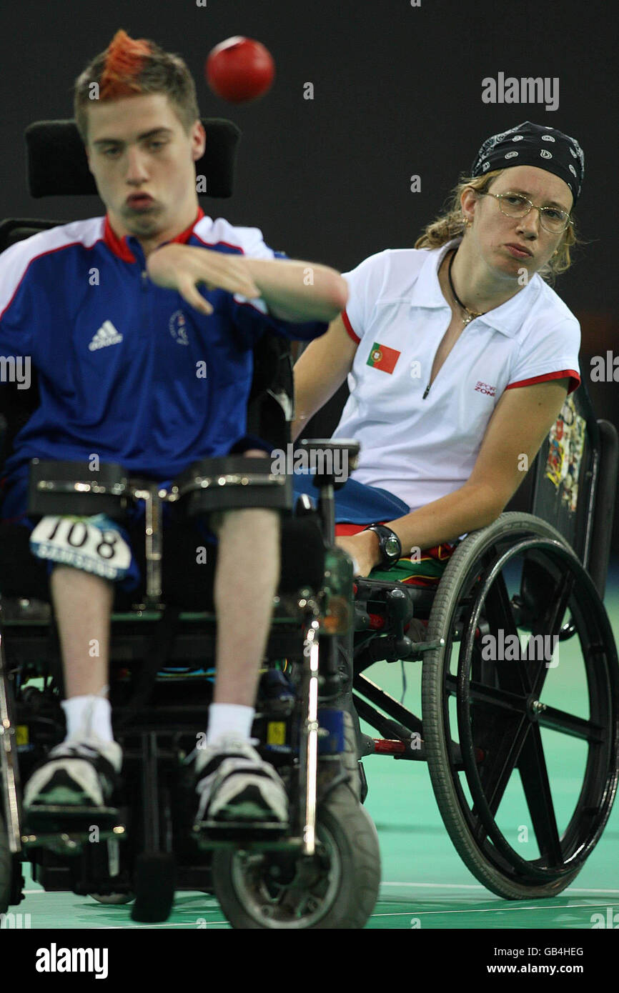 Great Britain's David Smith with Portugal's Christina Concalves watching during the Final in the Fencing Hall of National Convention Center at the Beijing Paralympic Games 2008, China. Stock Photo