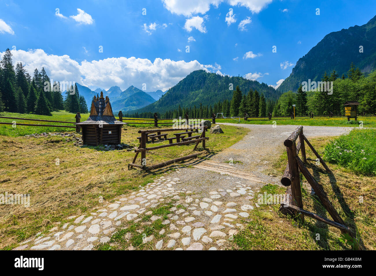 Wooden footbridge on hiking trail in High Tatra Mountains in summer, Slovakia Stock Photo