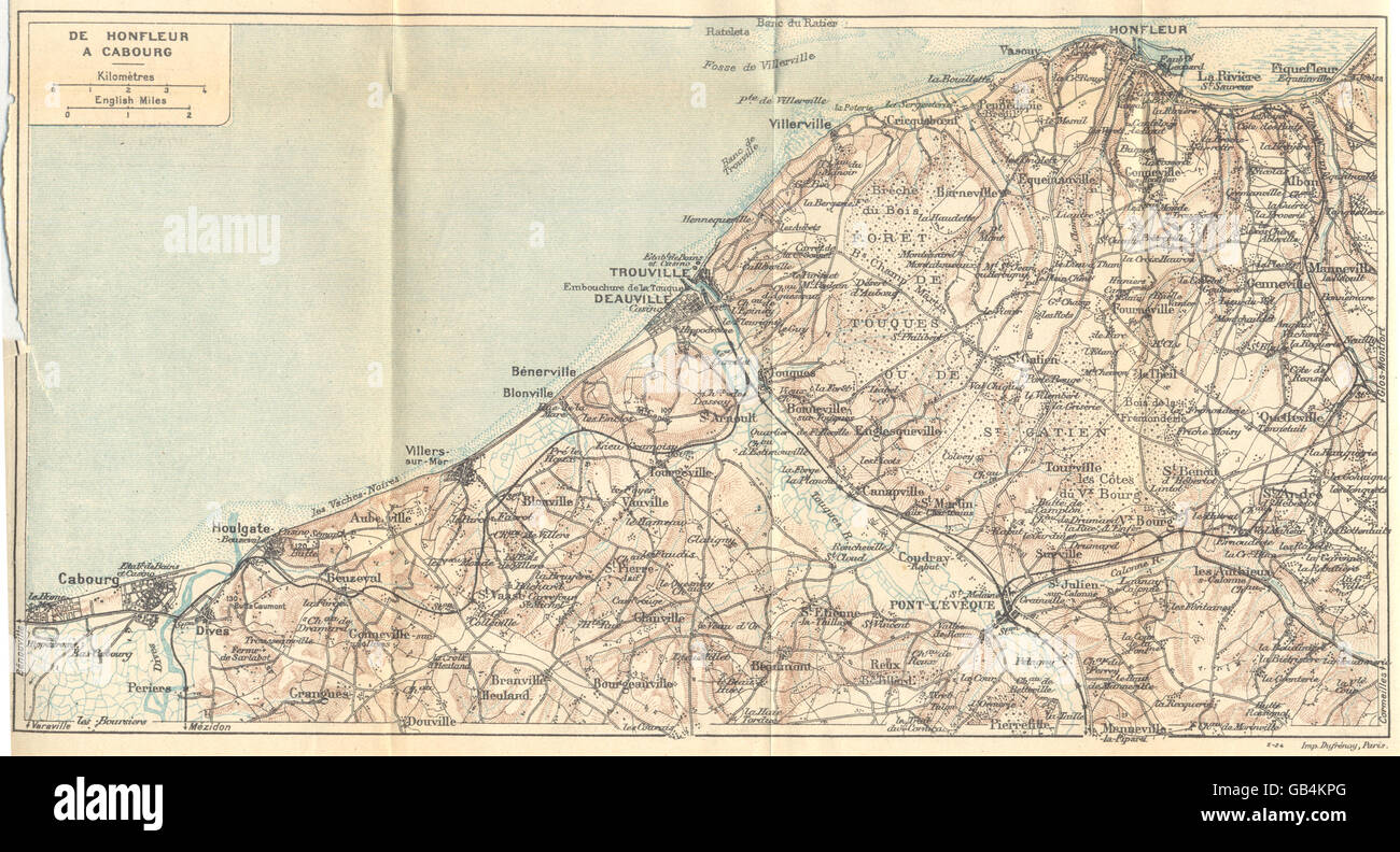 CALVADOS: De Honfleur A Cabourg. Trouville Deauville, 1921 vintage map ...