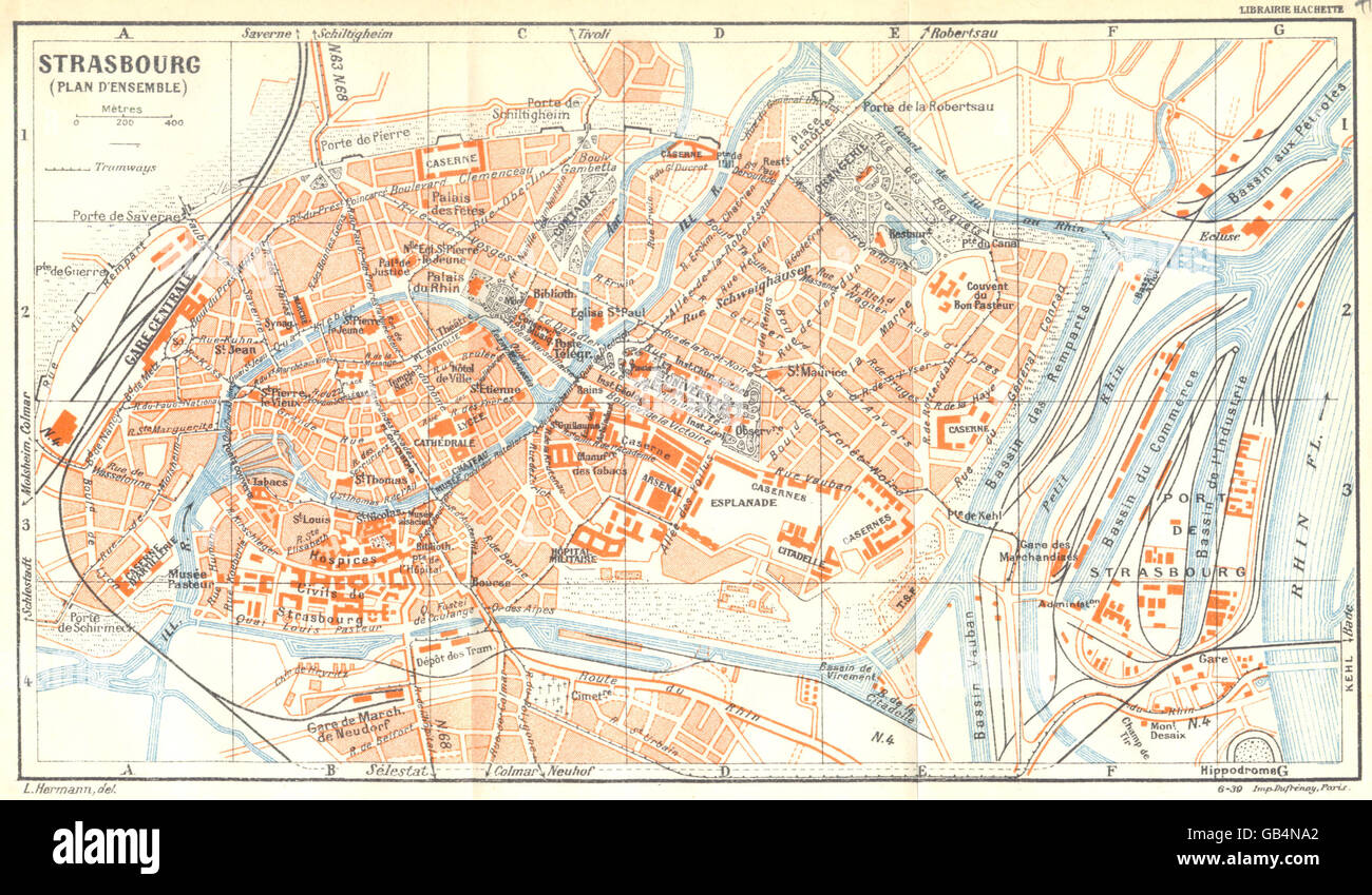 BAS- RHIN: Strasbourg (Plan D'ensemble) , 1939 vintage map Stock Photo