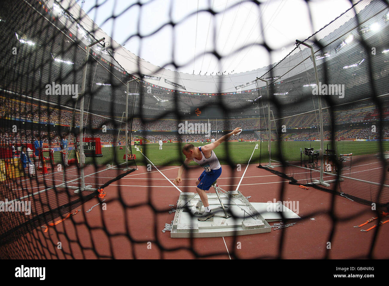 Great Britain's Chris Martin competes in the men's Discus f33 final at the Beijing Paralympic Games 2008 at the Beijing National Stadium, China. Stock Photo