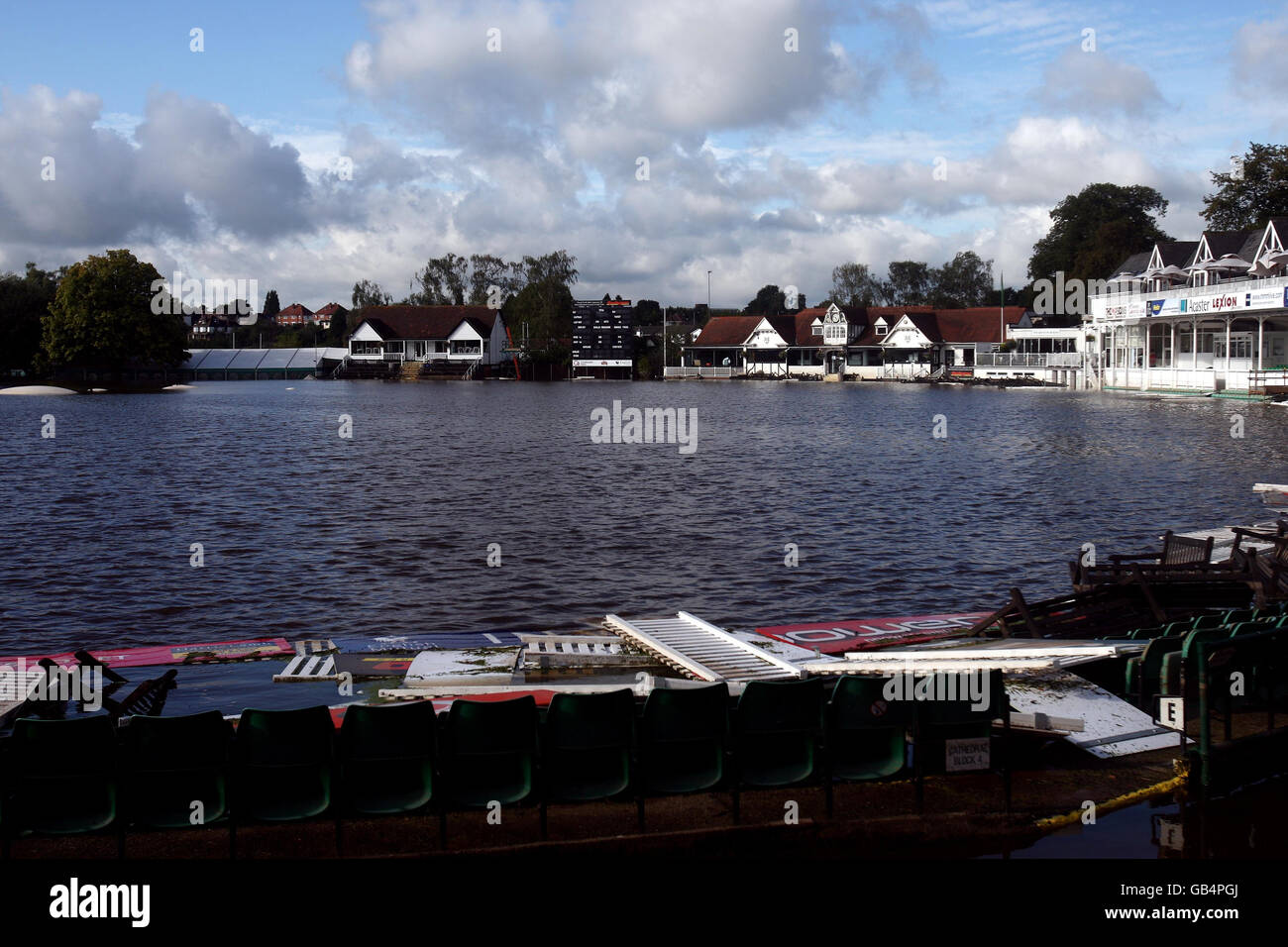 Cricket - Flooding at Worcester CCC - New Road. Worcestershire's New Road ground lies under flood water, causing the end of the Country's season at New Road for the second year in a row. Stock Photo
