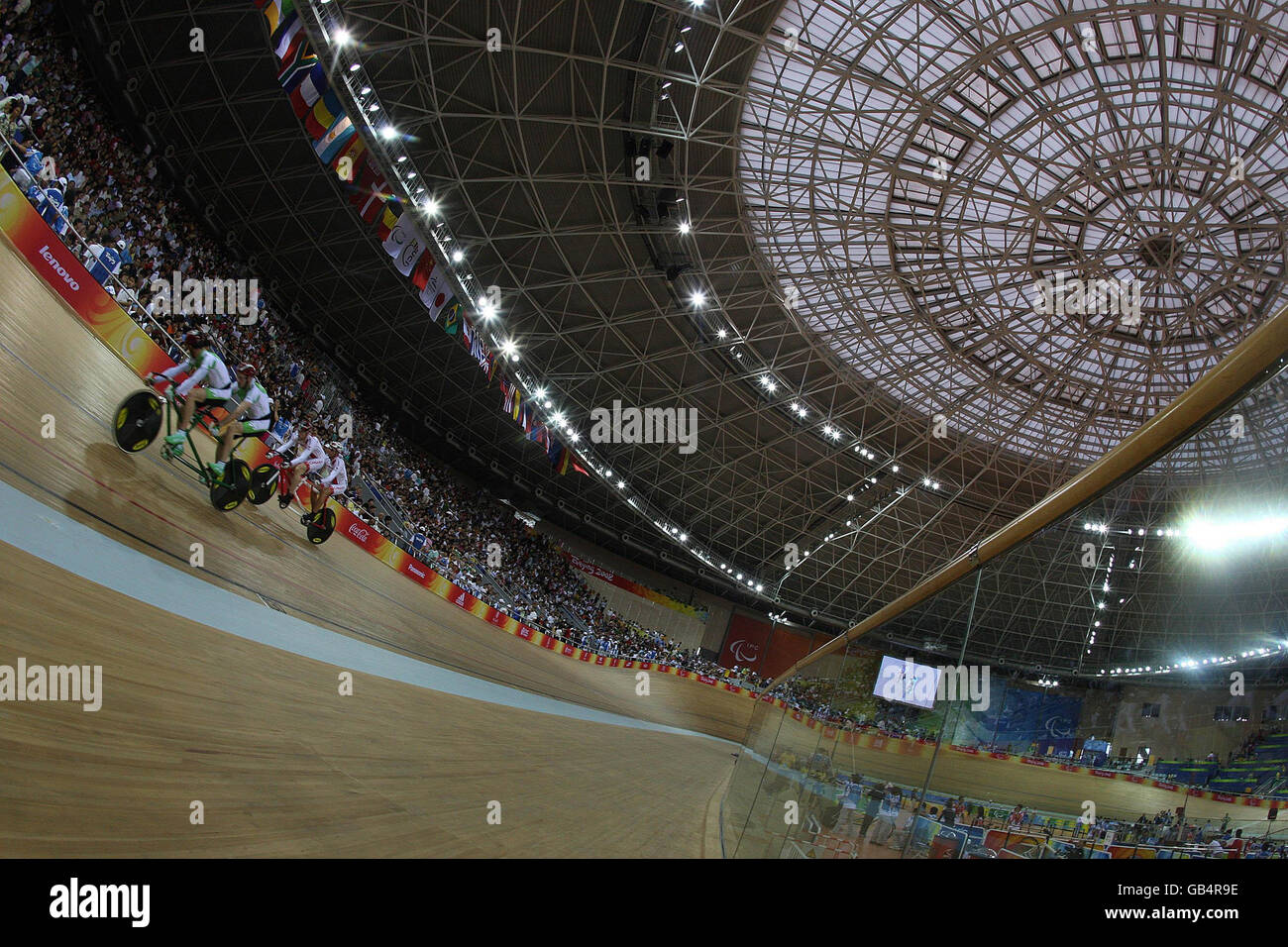 Republic of Ireland's Michale Delaney and David Peelo in the mens sprint B&VI in the Laoshan Velodrome at the Beijing Paralympic Games 2008, China. Stock Photo