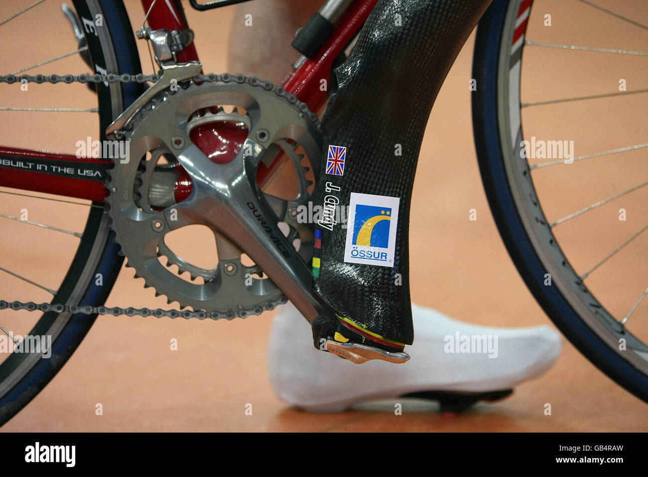 A view of Great Britain's Jody Cundy's personalised artificial limb in the Laoshan Velodrome at the Beijing Paralympic Games 2008, China. Stock Photo
