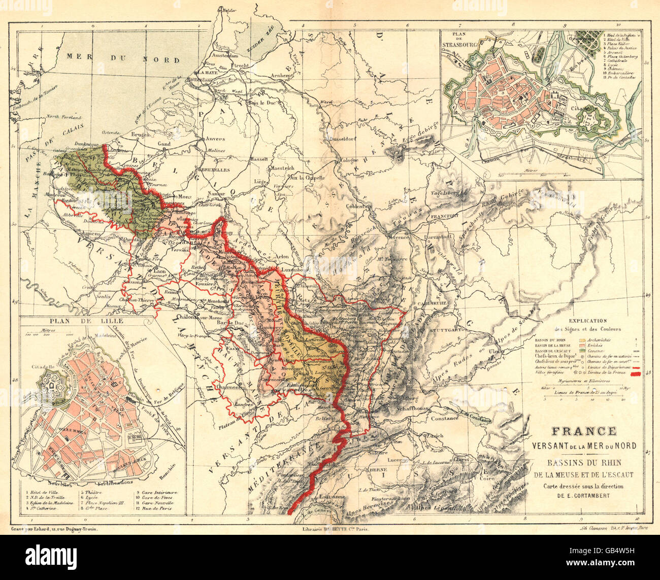 FRANCE: Versant Mer Nord Bassins Rhin Meuse Escaut; Strasbourg; Lille, 1880 map Stock Photo