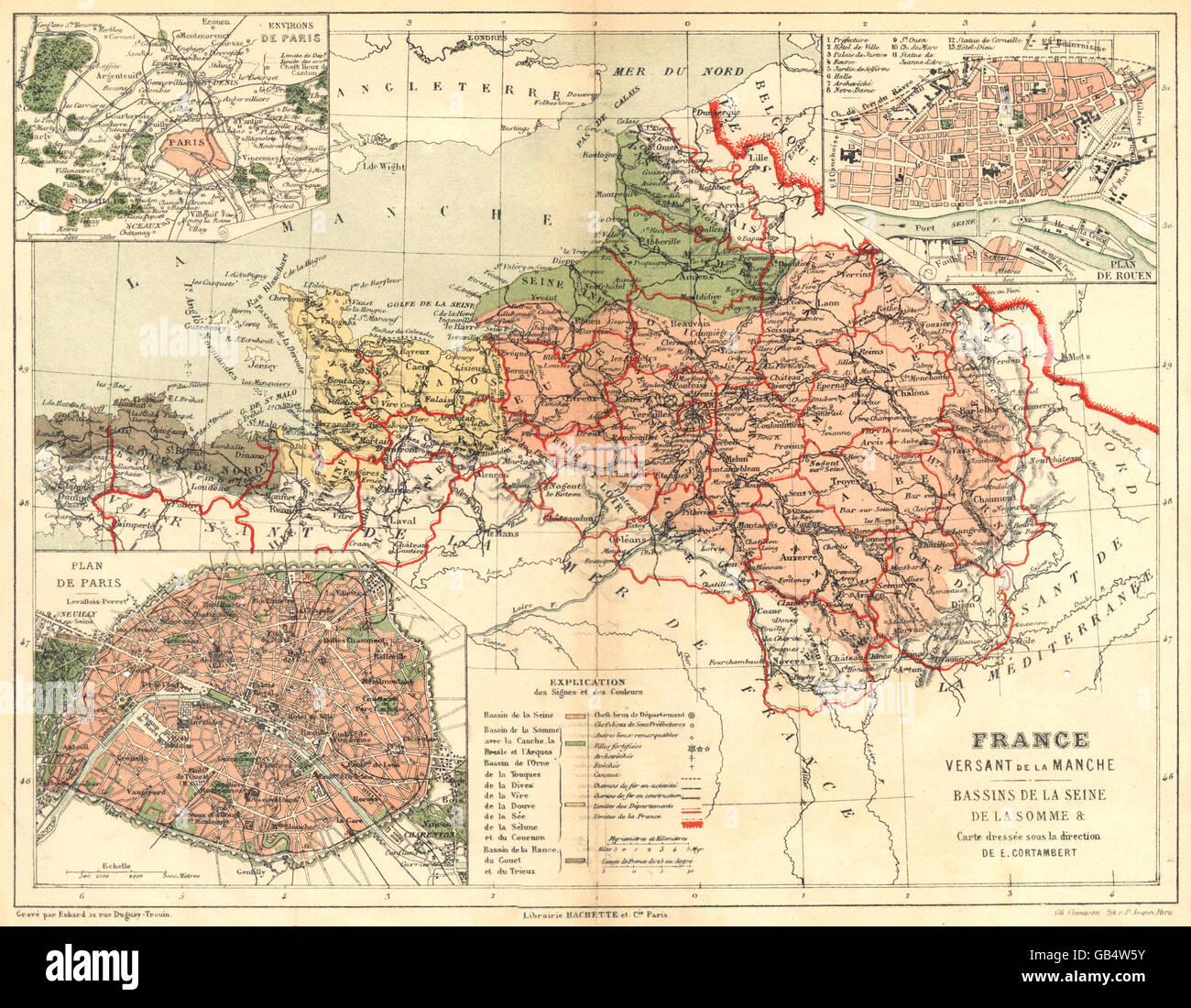 FRANCE: France Versant de la Manche Seine Somme; Paris; Rouen, 1880 old map Stock Photo