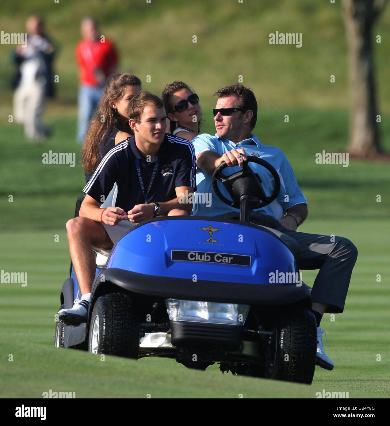 Ryder Cup Captain Nick Faldo with his son Matthew and daughter's Natalie and Georgia watches the Europe team practise from the buggy at Valhalla Golf Club, Louisville, USA. Stock Photo