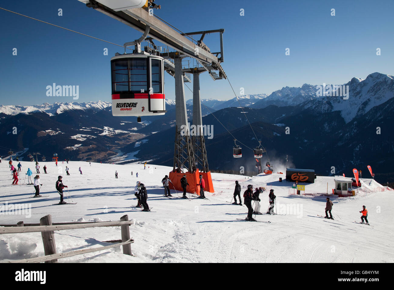 Ropeway, gondola lift, belvedere, mountaintop plateau on Kronplatz mountain, 2272 m, Kronplatz winter sport region, Bruneck Stock Photo