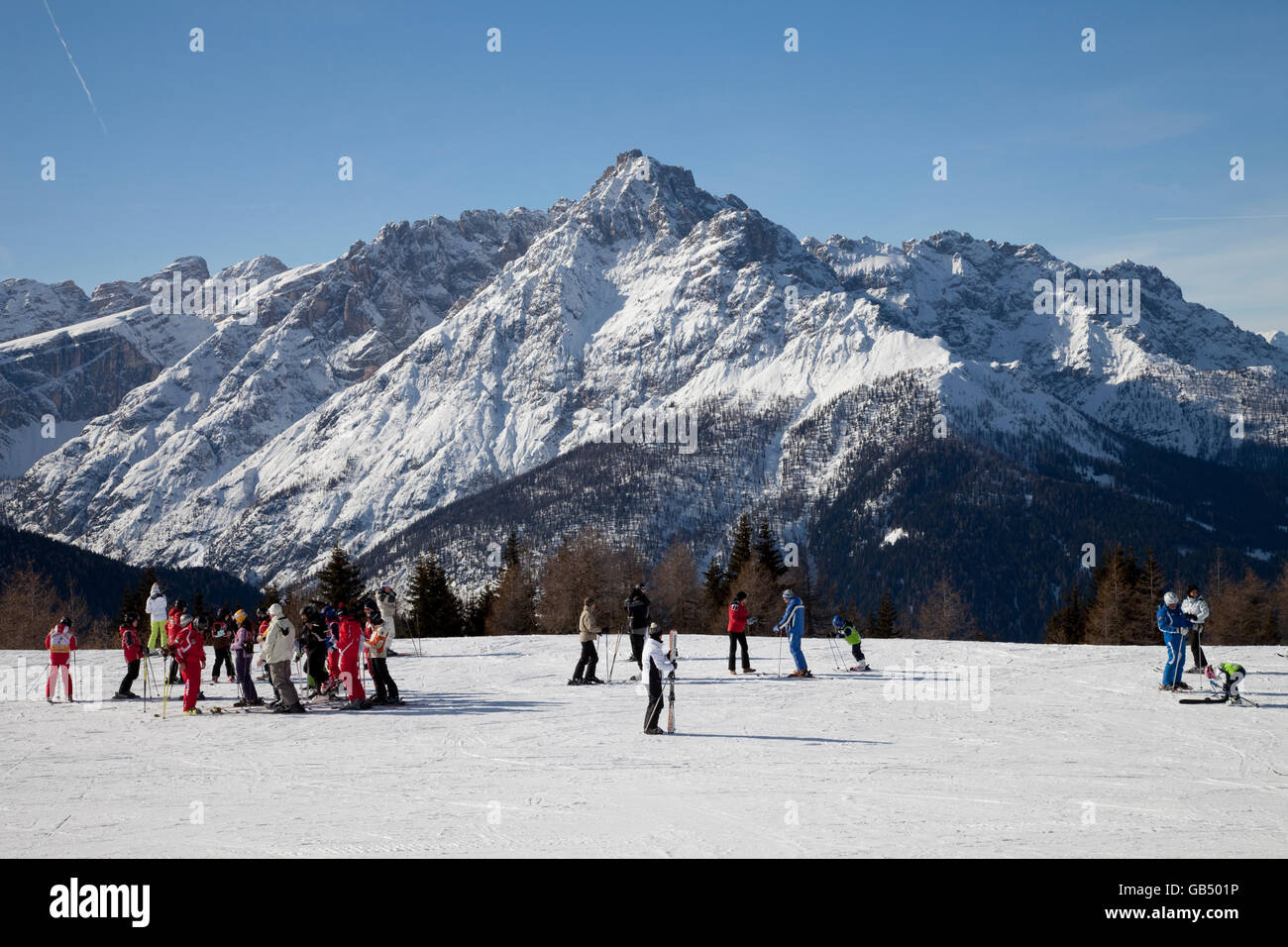 Skiing school, meeting point, 2060m, Helm mountain, Sexten Dolomites nature reserve, Vierschach, Sextental valley Stock Photo