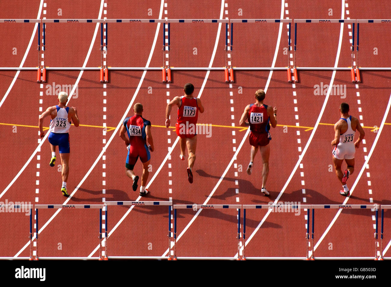 Athletics - IAAF World Athletics Championships - Paris 2003 - Men's Decathlon. Action from the 110m Hurdles event of the Decathlon Stock Photo