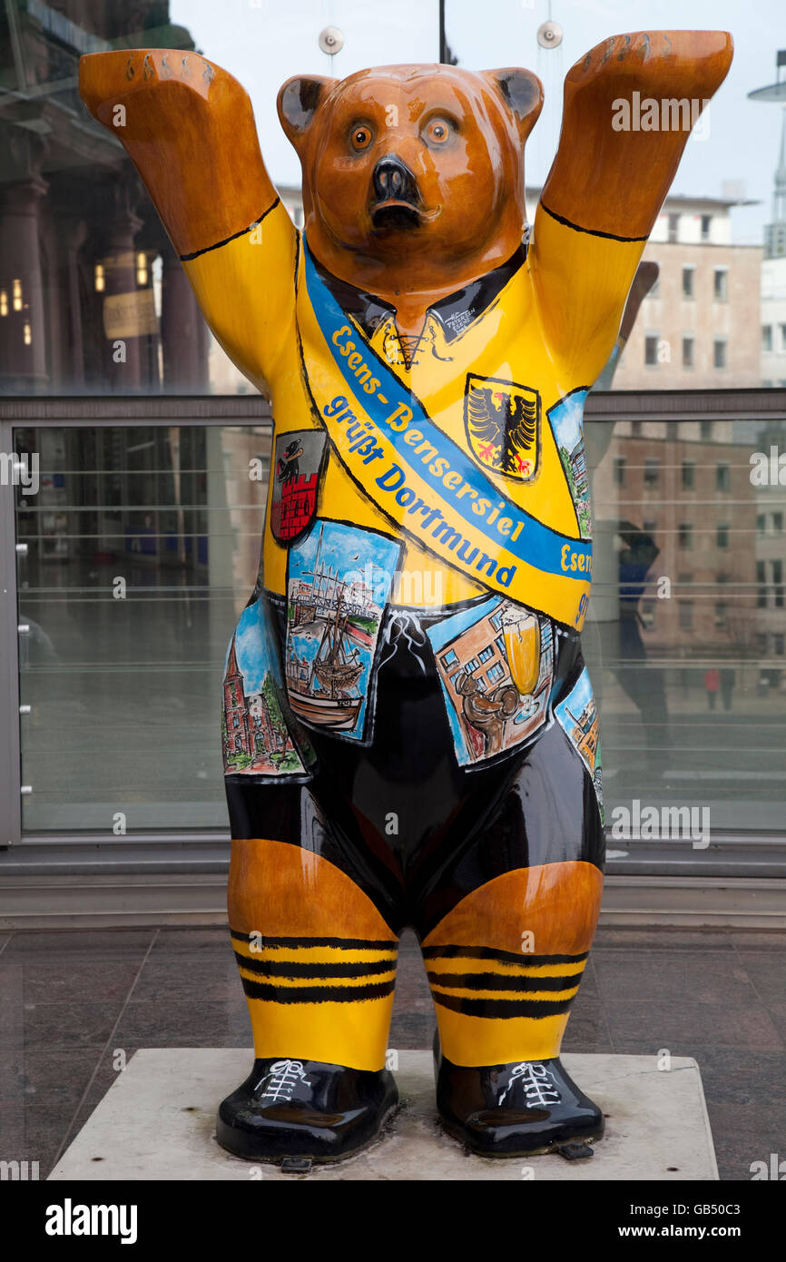 Black and yellow bear mascot, Borussia Dortmund, Bensersiel, Dortmund, Ruhr area, North Rhine-Westphalia Stock Photo