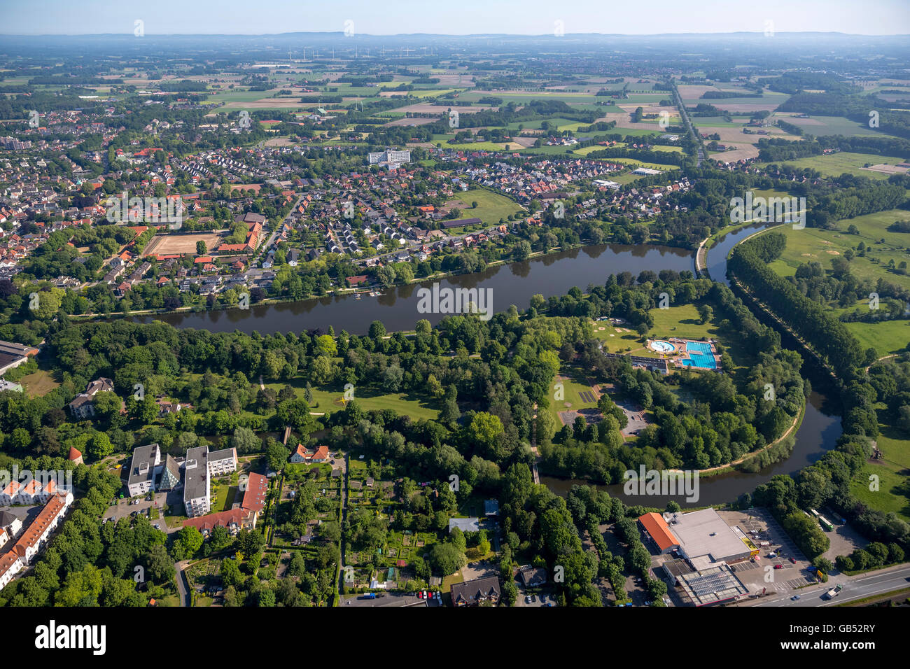 Aerial view, Ems, Ems island with pond Warendorf, Warendorf, district town of Warendorf, North Rhine-westphalia, Germany, Europe Stock Photo