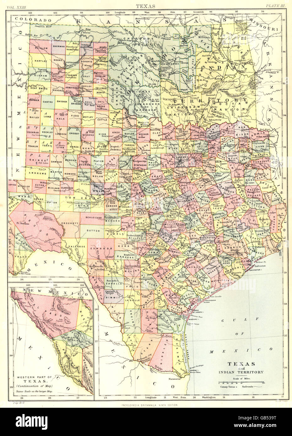 TEXAS:Showing counties.Indian Territory;Oklahoma.Britannica 9th edition 1898 map Stock Photo