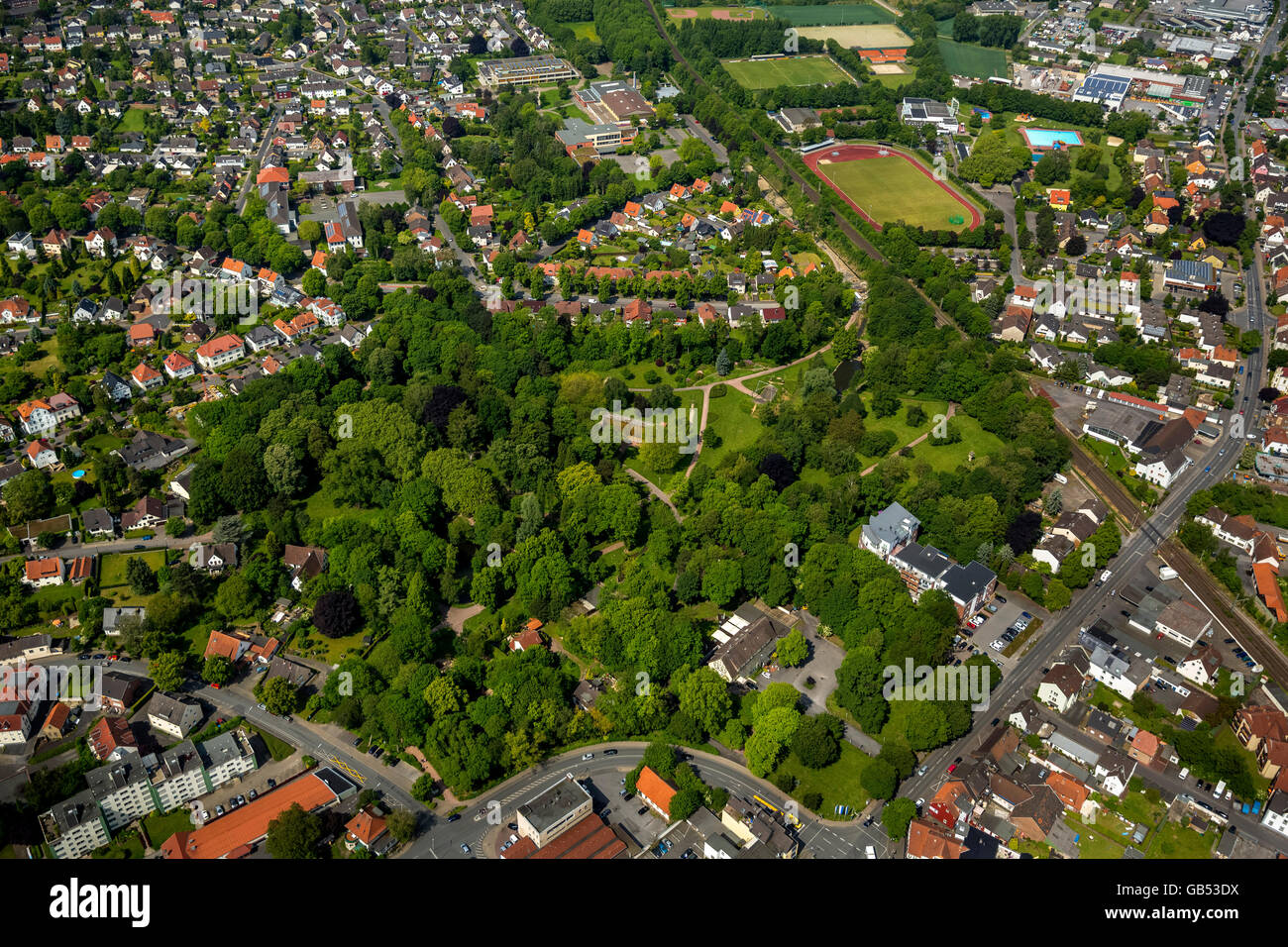 Aerial view, park, former brine bath, Werl, Werl-Unnaer Borde, North Rhine-westphalia, Germany, Europe, Aerial view, birds-eyes Stock Photo