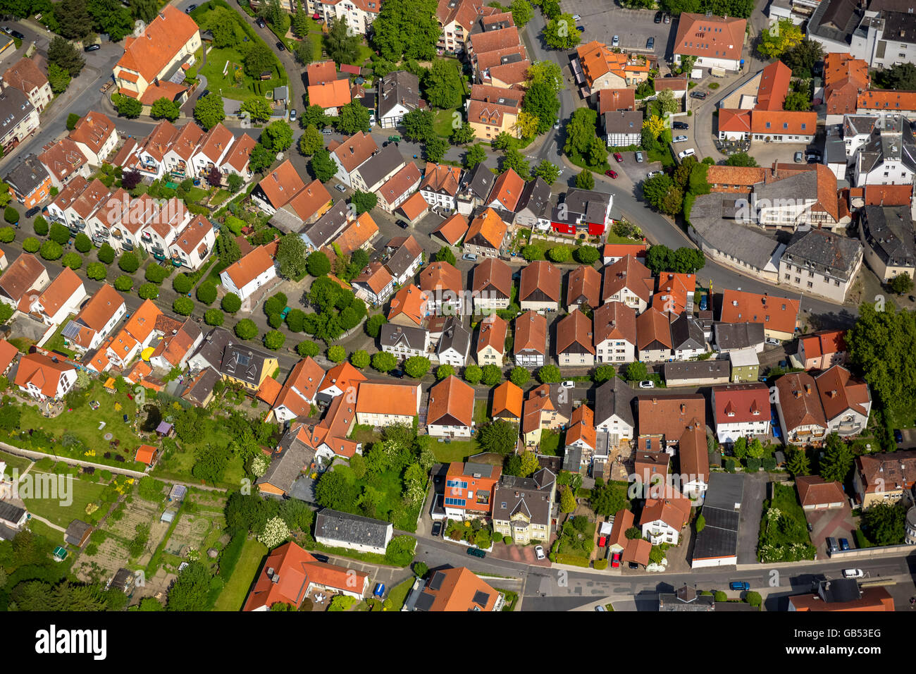 Aerial view, row of houses Neuer Graben Kisastraße contour of the city's ancient fortifications, Werl, Werl-Unnaer Borde, Stock Photo