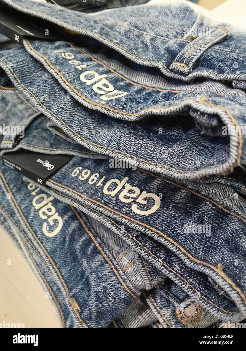 Gap 1969 brand jeans in a Gap store in New York on Monday, July 4, 2016.  (© Richard B. Levine) Stock Photo