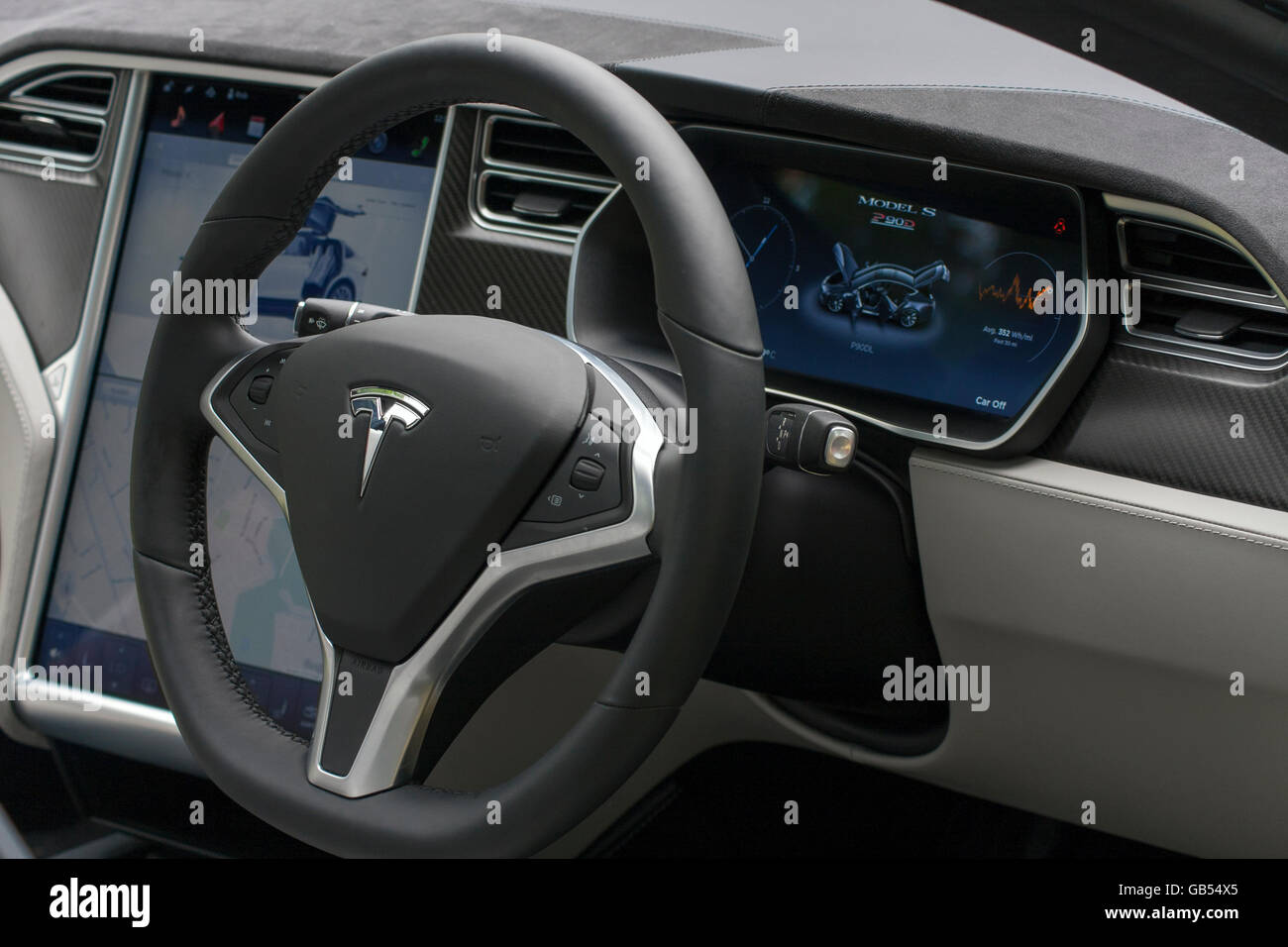 Tesla Electric Car Dashboard and Steering Wheel Stock Photo Alamy
