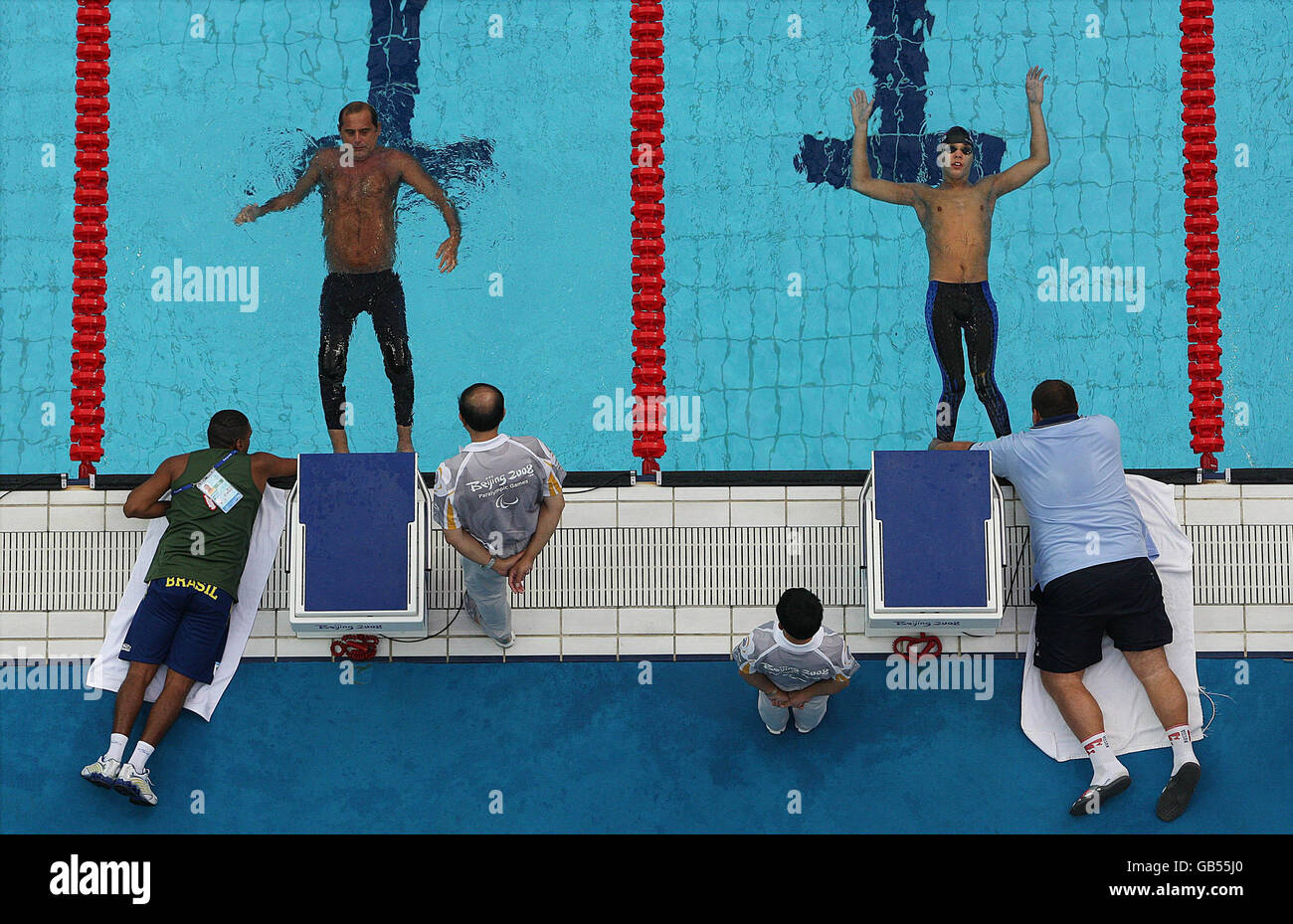 Competitors take part in the Men's 50M Backstroke S2 Heats in the National Acquatic Centre, Beijing. Stock Photo