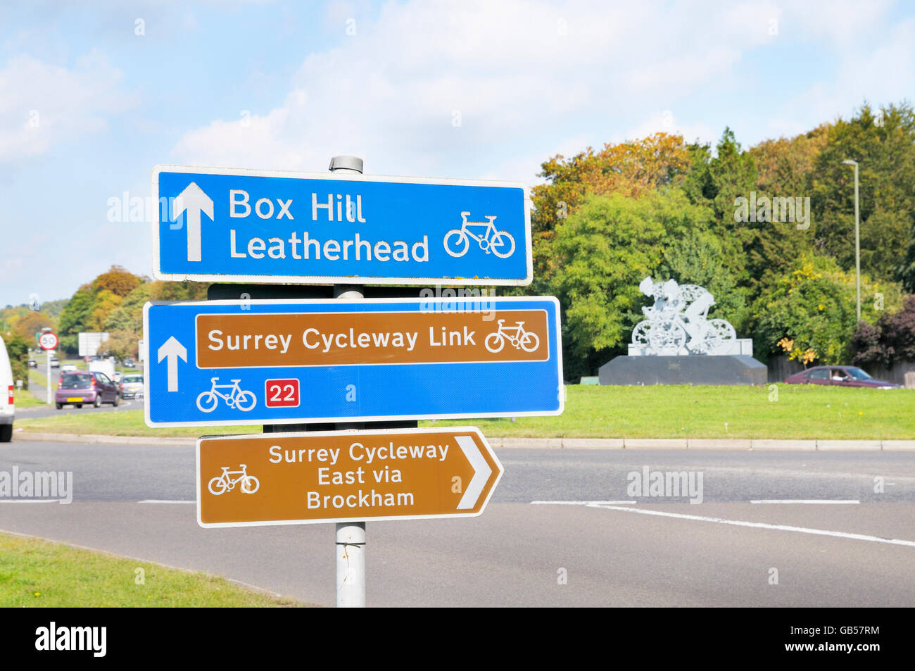 Roads signs for Surrey Cycleway Link on the A24 London Road, Dorking, Surrey, England, UK Stock Photo