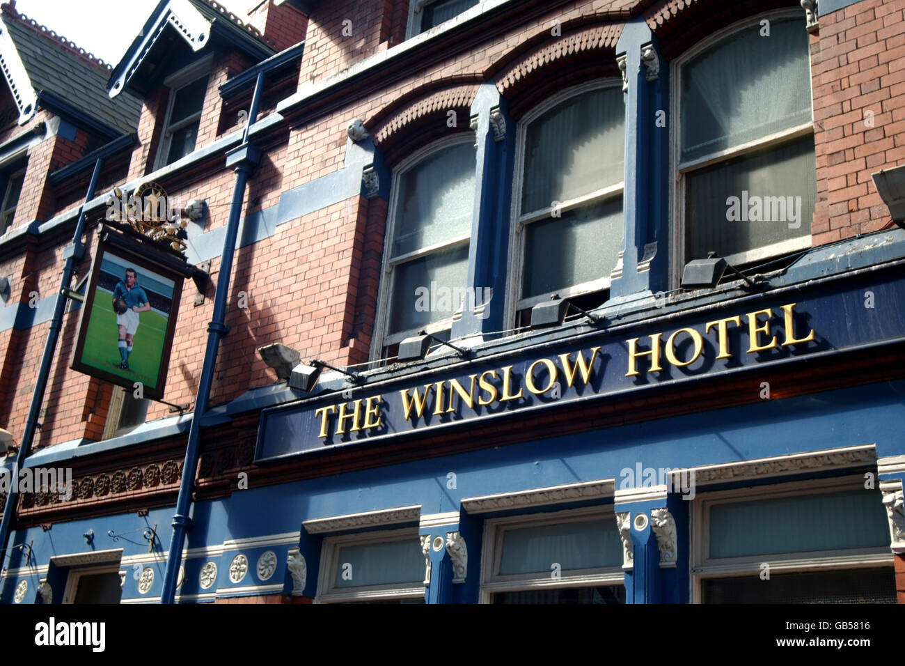 The local supporters pub outside Goodison Park, home of Everton (The Winslow Hotel with Everton legend 'Dixie Dean' pictured on the board outside) Stock Photo