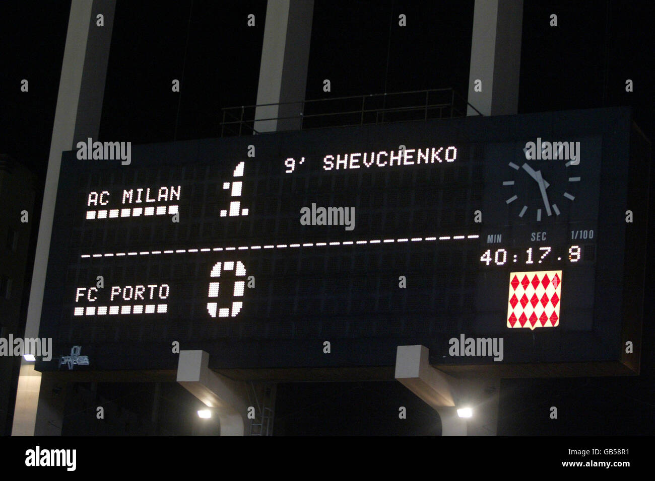 Soccer - UEFA Super Cup - FC Porto v AC Milan. The scoreboard coming up to half time Stock Photo