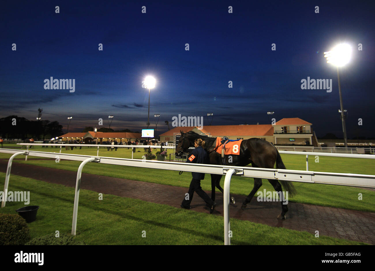 General view of Great Leighs Racecourse under floodlights Stock Photo