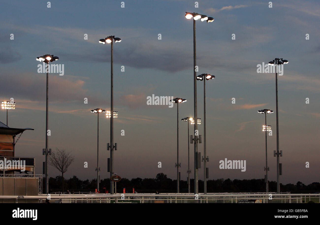 General view of Great Leighs Racecourse under floodlights Stock Photo