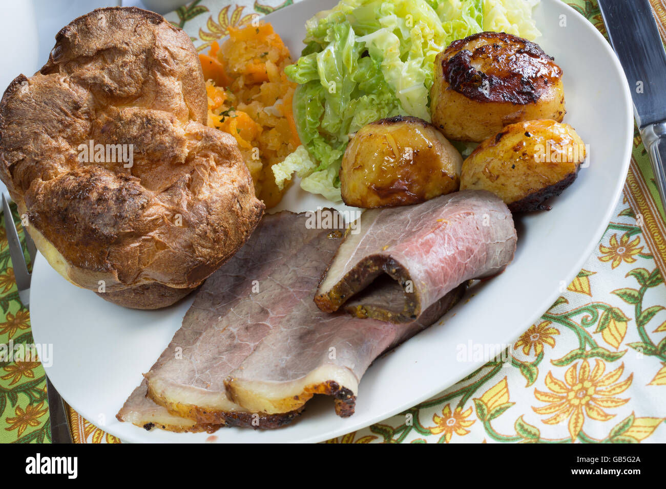 A traditional pub/restaurant Sunday lunch of English Roast Beef and