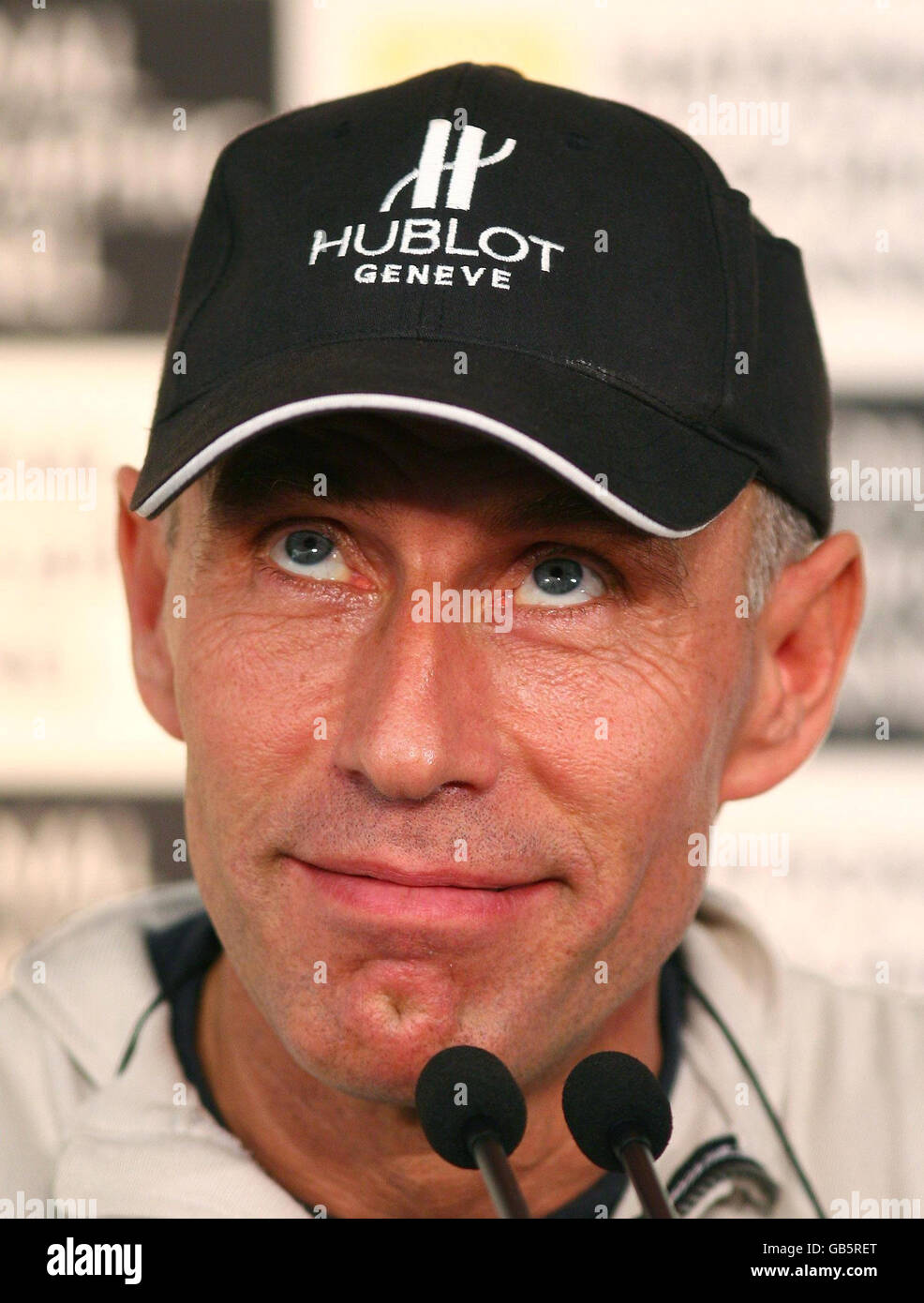 Yves Rossy, 49, also known as Fusionman, talks during a press conference in Dover, after his record breaking attempt to become the first person to fly solo across the English Channel using a single jet-propelled wing was cancelled because of bad weather. Stock Photo