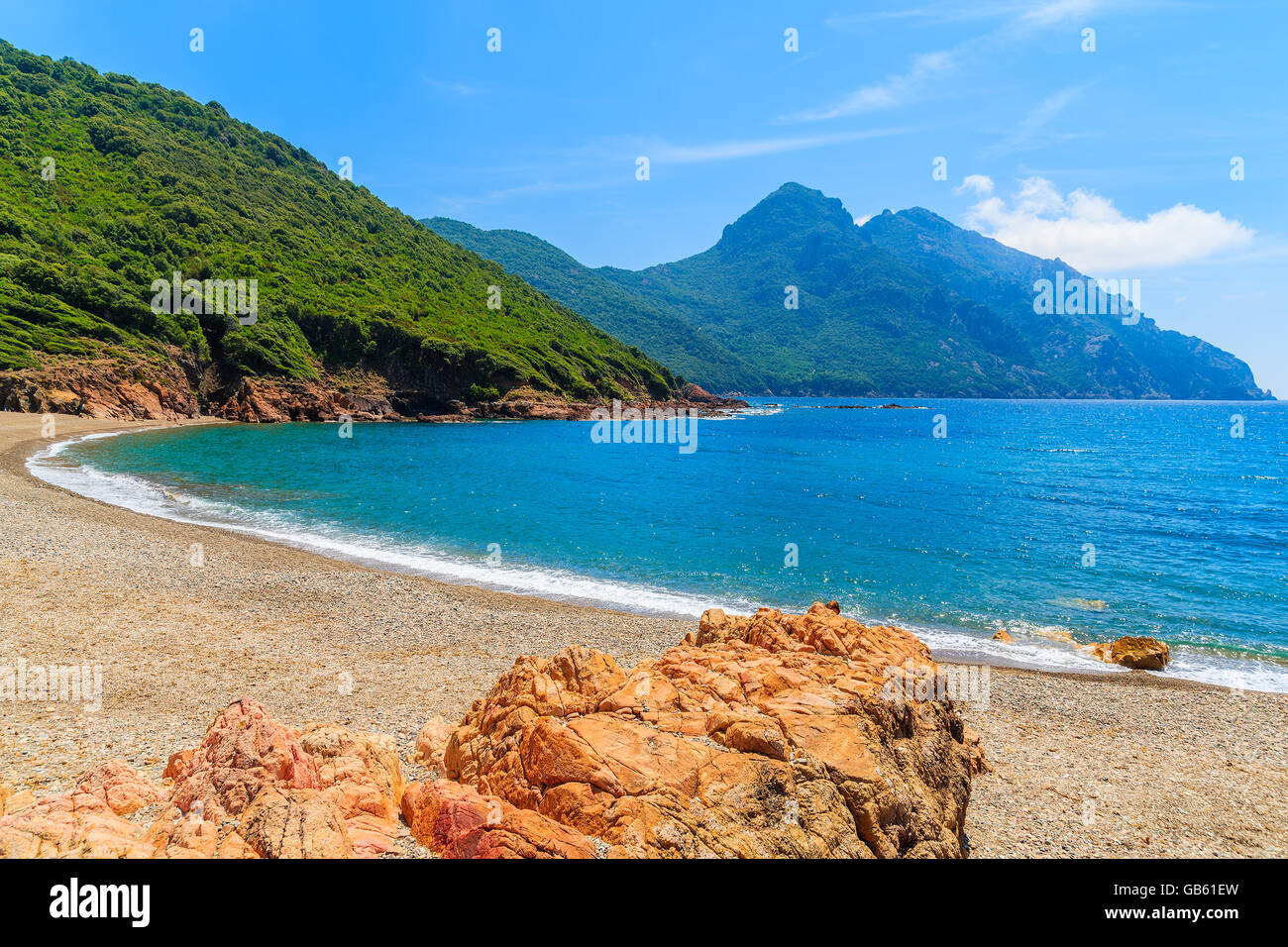 Beautiful secluded beach with azure sea water near Girolata bay, Corsica island, France Stock Photo