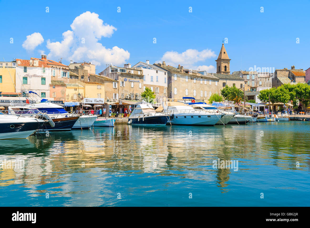 SAINT-FLORENT, CORSICA ISLAND - JUL 3, 2015: view of boats in Saint-Florent port which is a small cozy fishing village in northe Stock Photo