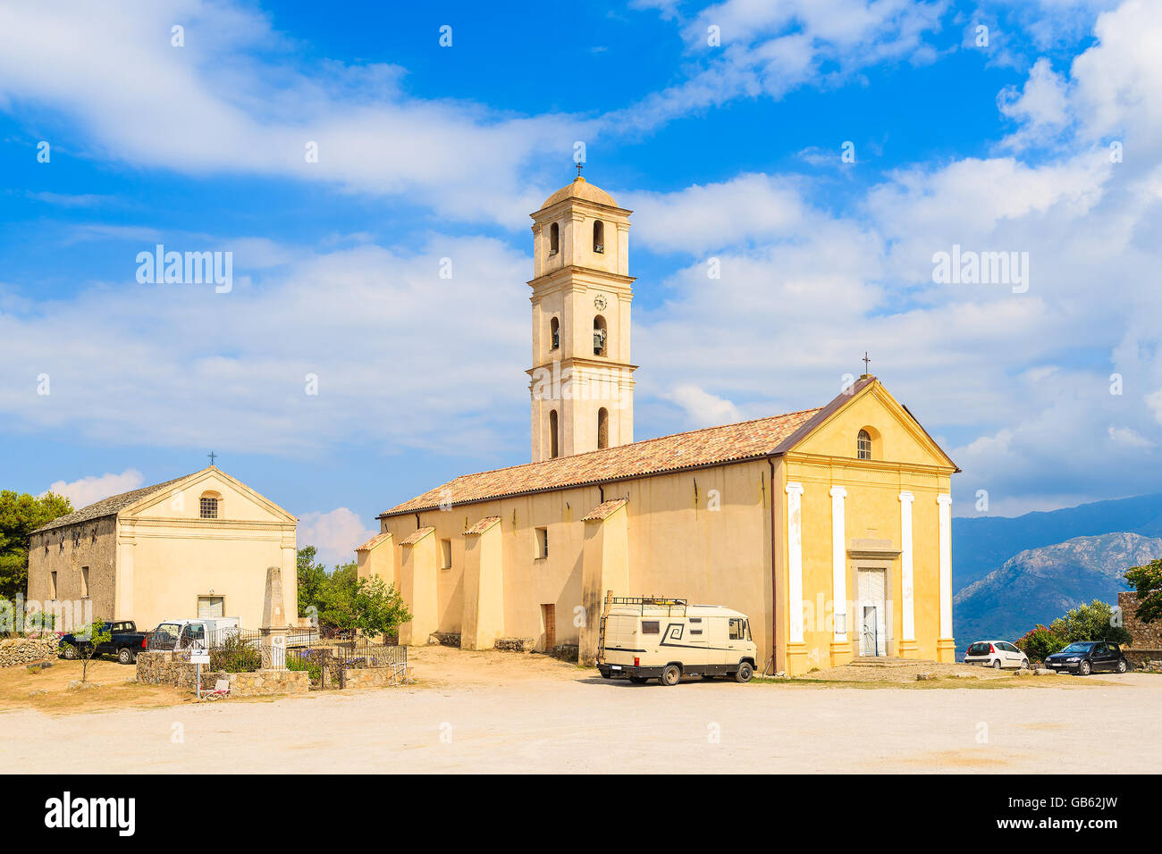 Church in mountain village of Sant Antonino, Corsica island, France Stock Photo