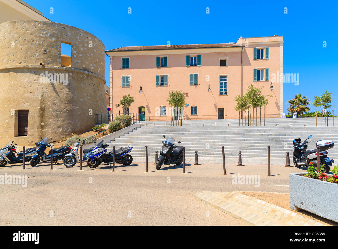 ILE ROUSEE, CORSICA ISLAND - JUL 2, 2015: Town hall building in historic old centre of Ile Rousse town, Corsica island, France Stock Photo