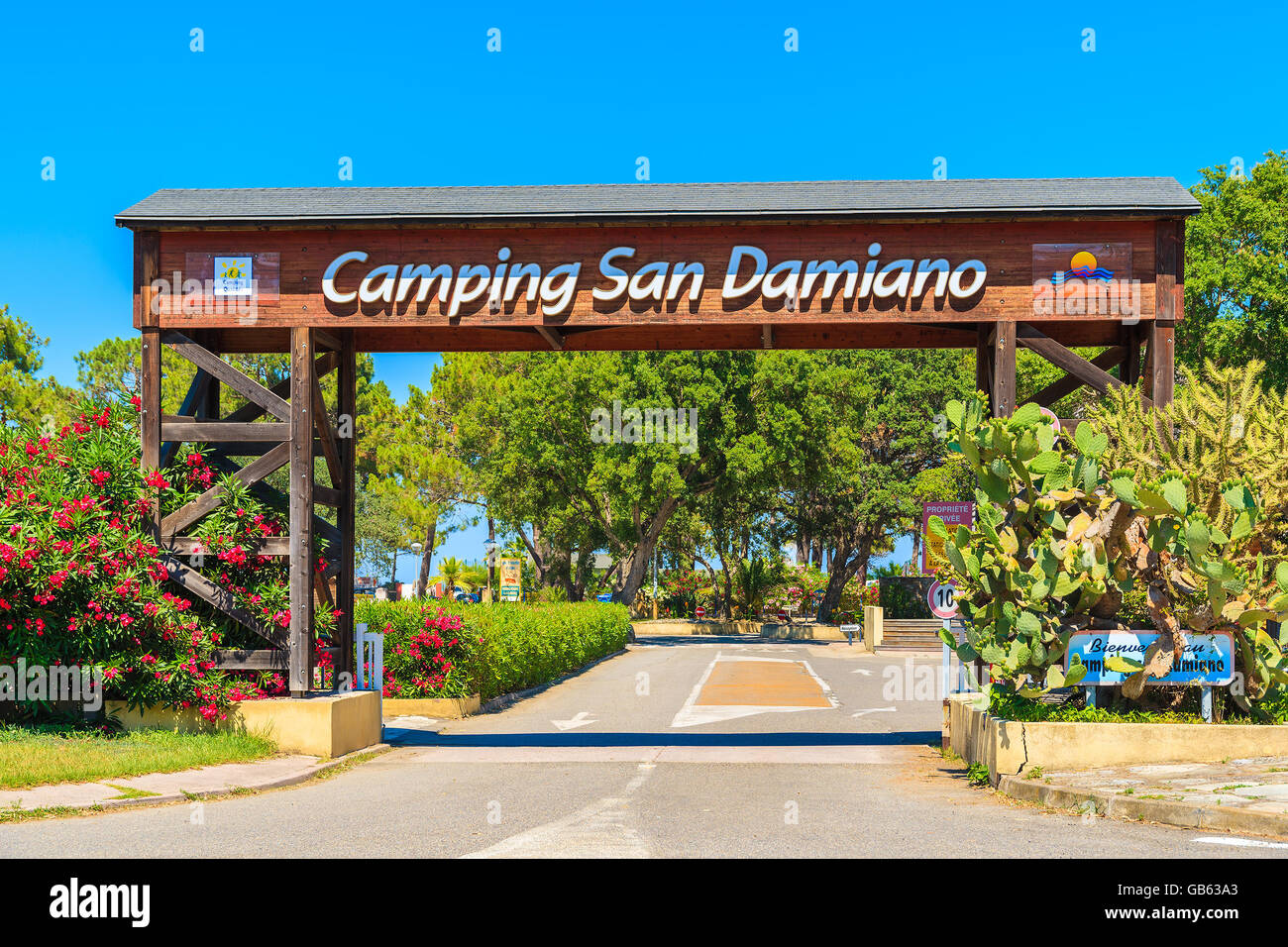 CORSICA ISLAND, FRANCE - JUL 2, 2015: entrance gate to San Damiano camping near Bastia town, very popular place to spend vacatio Stock Photo