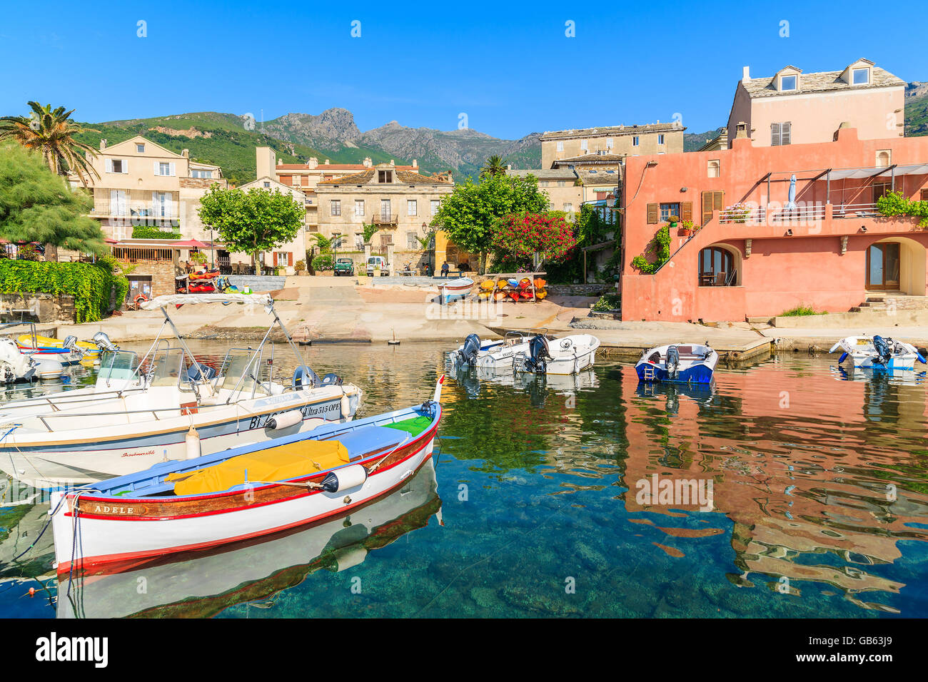 ERBALUNGA, CORSICA ISLAND - JUL 4, 2015: colorful fishing boat in Erbalunga port on Cap Corse. This small village is known also Stock Photo