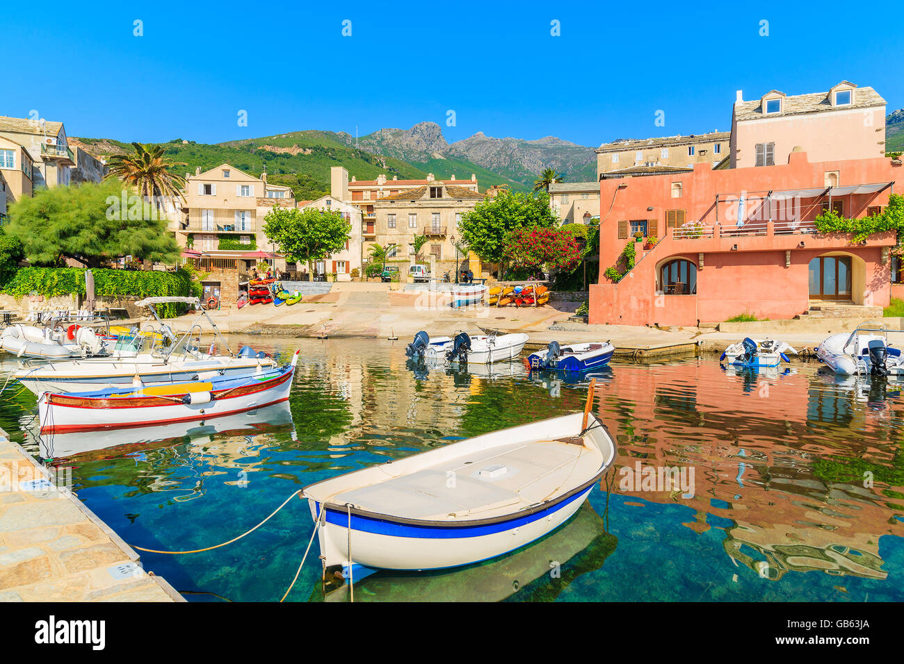 Colorful fishing boats in Erbalunga port on Cap Corse, Corsica island, France Stock Photo