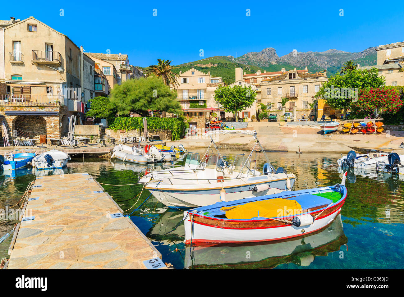 Colorful fishing boats in Erbalunga port on Cap Corse, Corsica island, France Stock Photo
