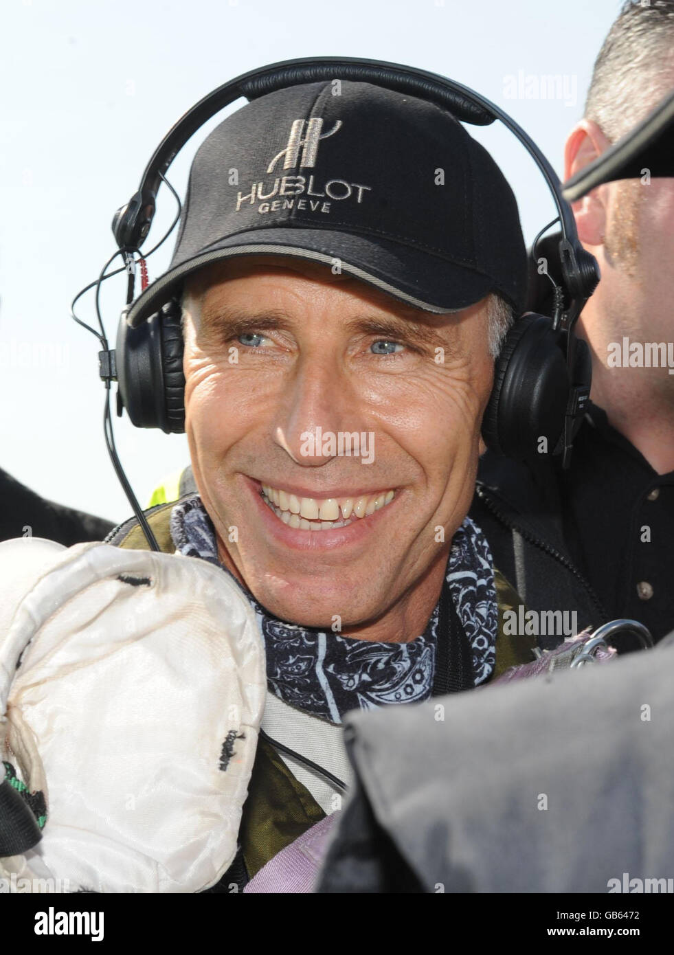 Yves Rossy, 49, also known as Fusionman, from Switzerland, after successfully completing a crossing of the English Channel from Calais to Dover using a single jet propelled wing. Stock Photo