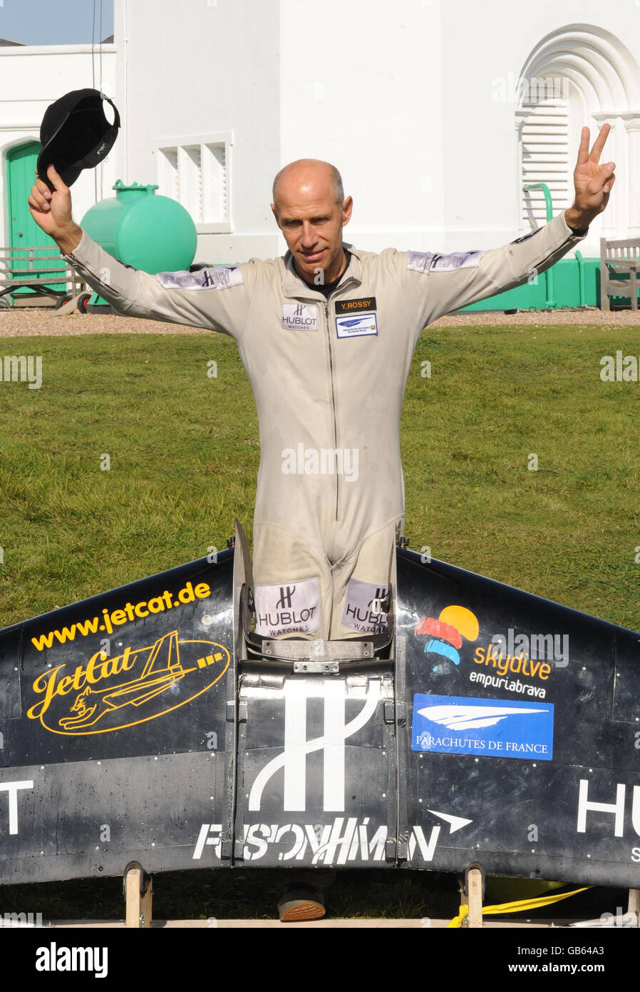 Yves Rossy, 49, also known as Fusionman, from Switzerland, after successfully completing a crossing of the English Channel from Calais to Dover using a single jet propelled wing. Stock Photo